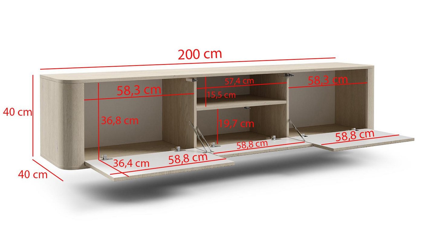 Compleo TV-Schrank japandi, elegantes Lowboard Wohnzimmer, Fernsehtisch 200 cm hängendes TV-Board mit Lamellen – Bild 5 von 5