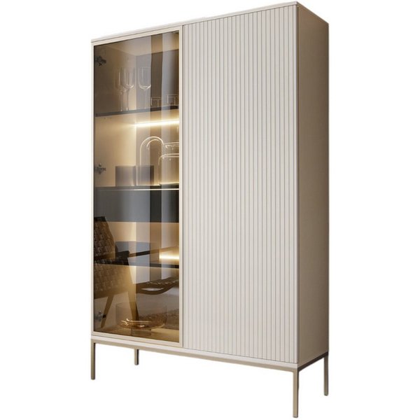 Compleo Vitrine LINO Standvitrine mit Schublade, Fronten gefräst, Modern Wohnzimmer