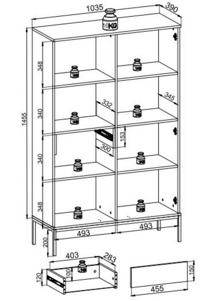 Compleo Vitrine LINO Standvitrine mit Schublade, Fronten gefräst, Modern Wohnzimmer – Bild 4 von 5