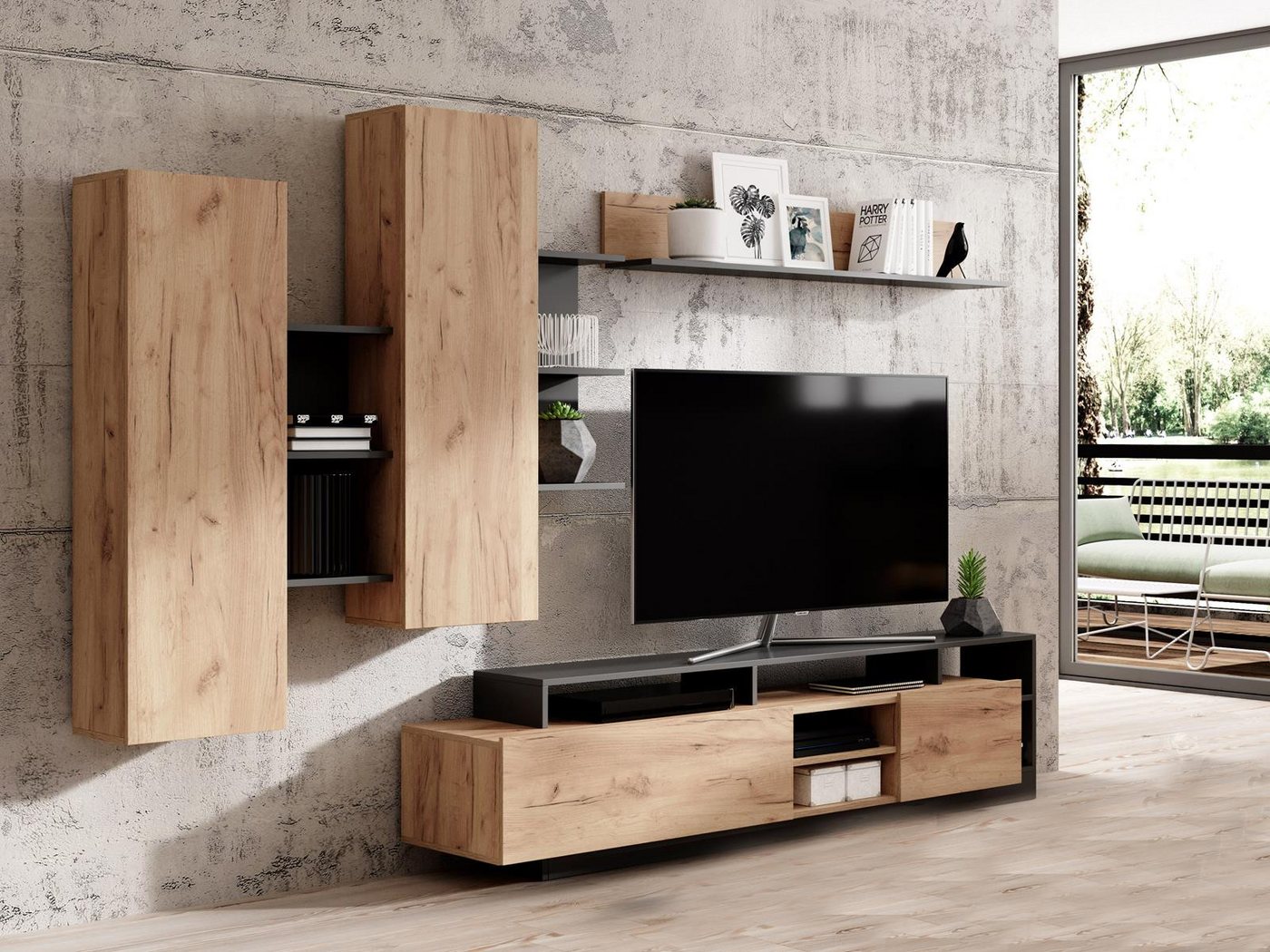 Compleo Wohnwand (TV-Lowboard, 2x Schrank hängend, Hängendes Regal) MONIAS, Praktisch und Zeitlos – Bild 2 von 5