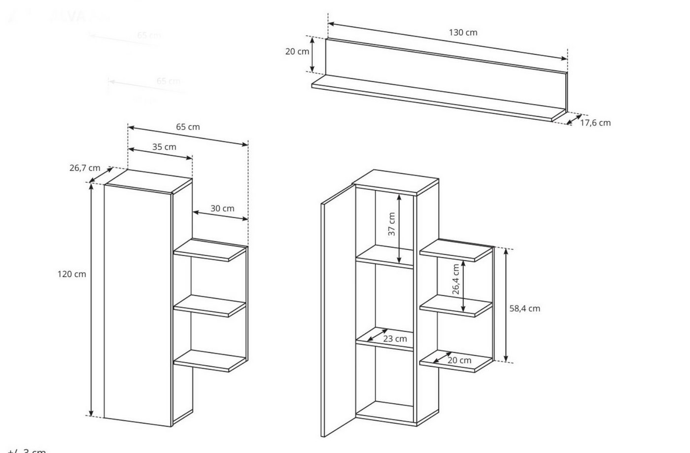 Compleo Wohnwand (TV-Lowboard, 2x Schrank hängend, Hängendes Regal) MONIAS, Praktisch und Zeitlos – Bild 4 von 5