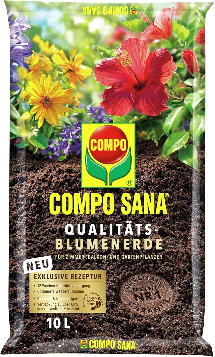 COMPO SANA Blumenerde mit Dünger 12 Wochen Zimmer Balkon Gartenpflanzen 10L