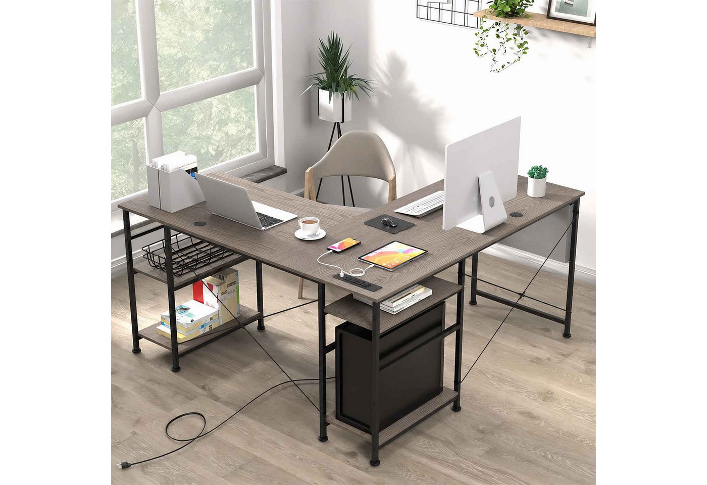 Aiorber Computertisch aiorber-Grauer L-Schreibtisch mit Steckdosenleiste und Ablagen, L-förmiger Eckschreibtisch, Kabeldurchlass, Ablagetasche – Bild 3 von 5