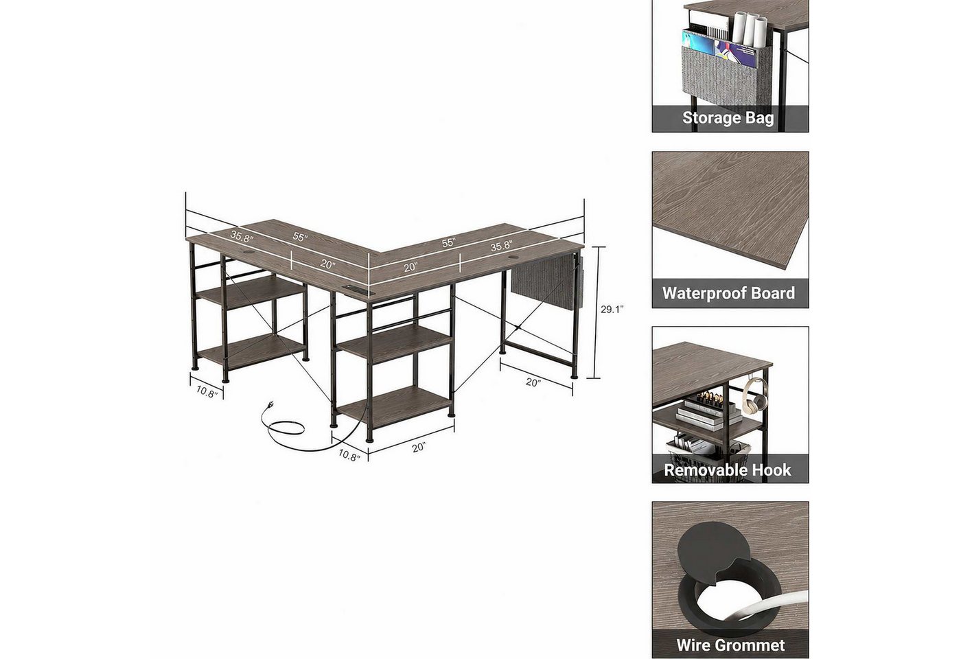 Aiorber Computertisch aiorber-Grauer L-Schreibtisch mit Steckdosenleiste und Ablagen, L-förmiger Eckschreibtisch, Kabeldurchlass, Ablagetasche – Bild 5 von 5
