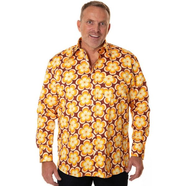 Comycom Langarmhemd Herren 70er mit gelb braunem Blumenmuster