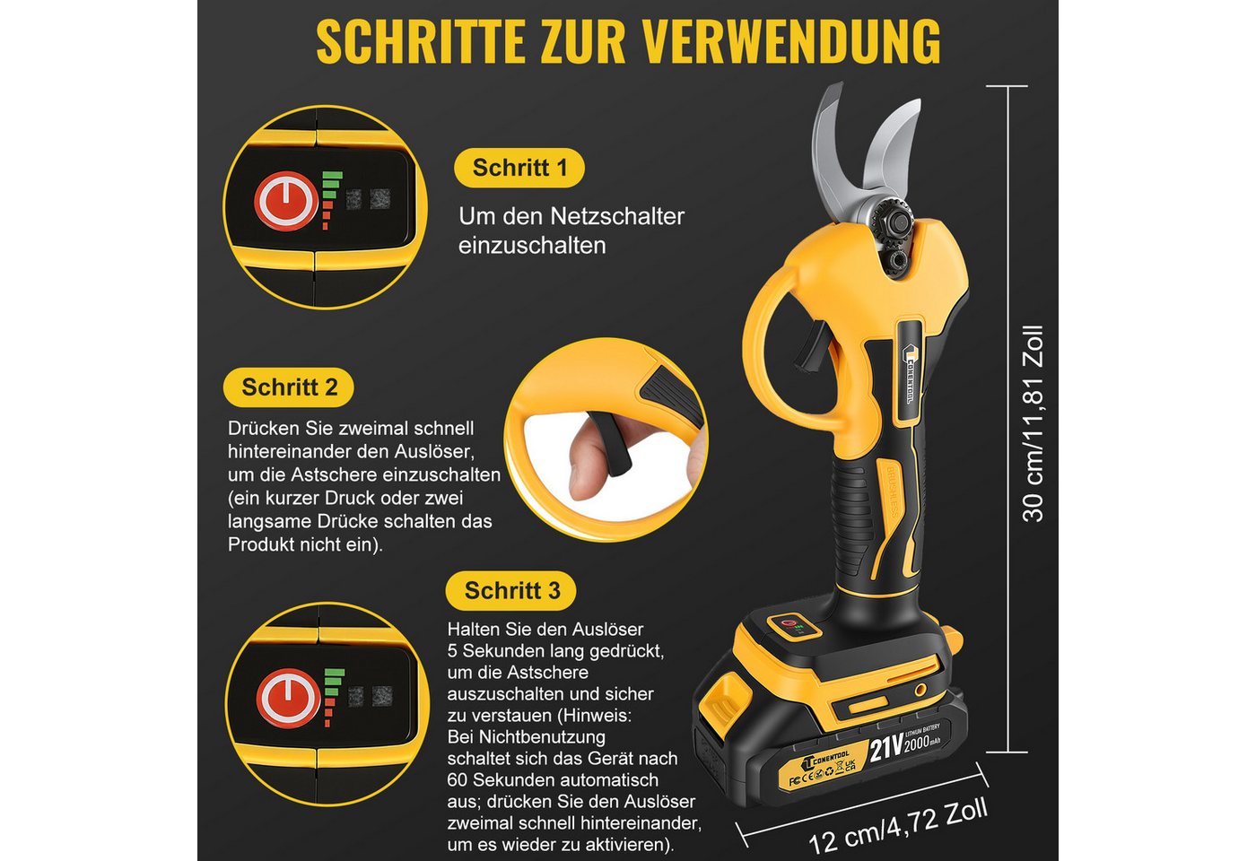CONENTOOL Akku-Astschere 21V, 25mm SK5 Bürstenlos, Elektrische Gartenschere mit Schleifstein, mit 2x 2,0Ah Akkus + Ladegerät – Bild 5 von 5
