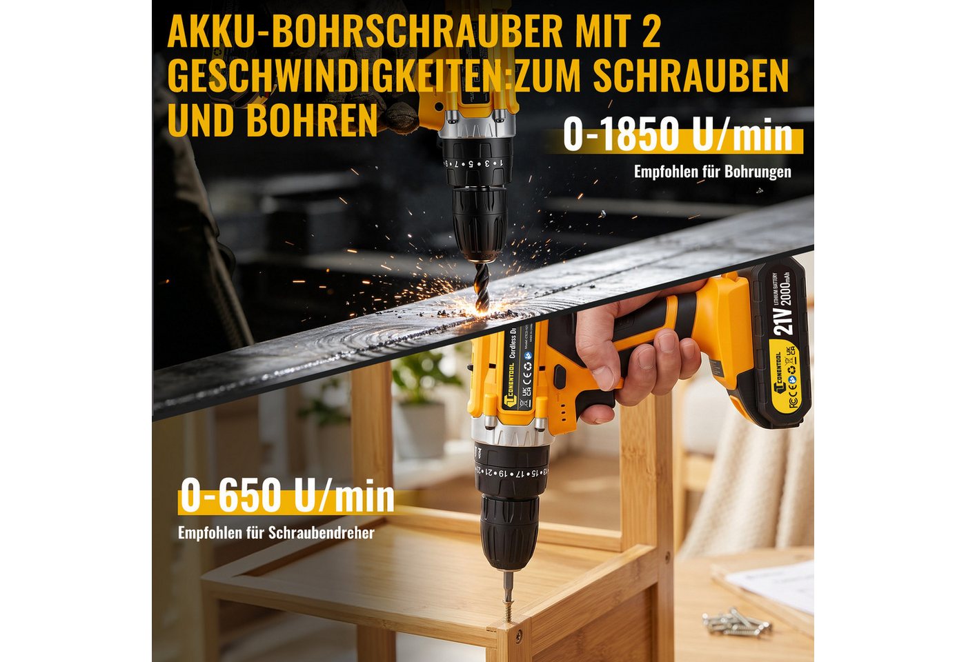 CONENTOOL Akku-Bohrschrauber 21V Akkuschrauber Set, 2-Gang, LED-Licht, max. 1850 U/min, (Set, 53-tlg., inkl. 2x2000mAh Akkus & Ladegerät), 25+3 Drehmomentstufen – Bild 4 von 5