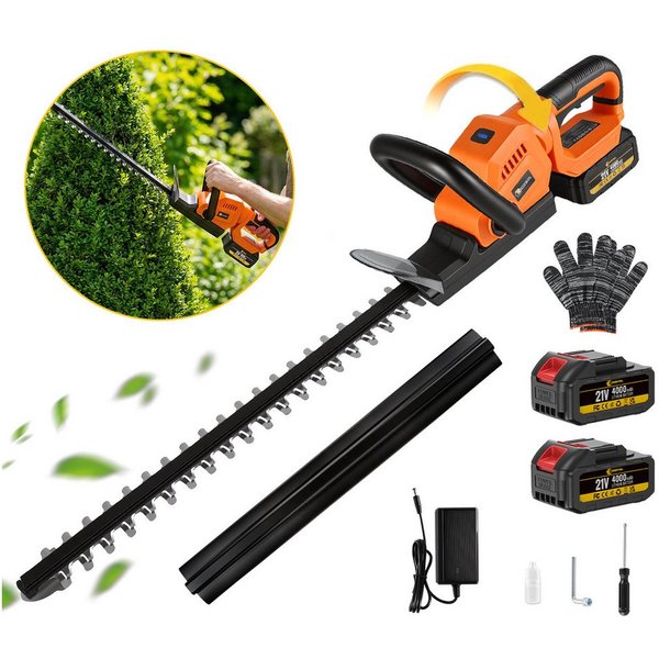 CONENTOOL Akku-Heckenschere 21V Bürstenlos Kabellos, 55 cm Schnittlänge, 2x 4,0Ah Akku, Drehbarer Kopf, Elektrischer Heckenschneider Profi Garten Set