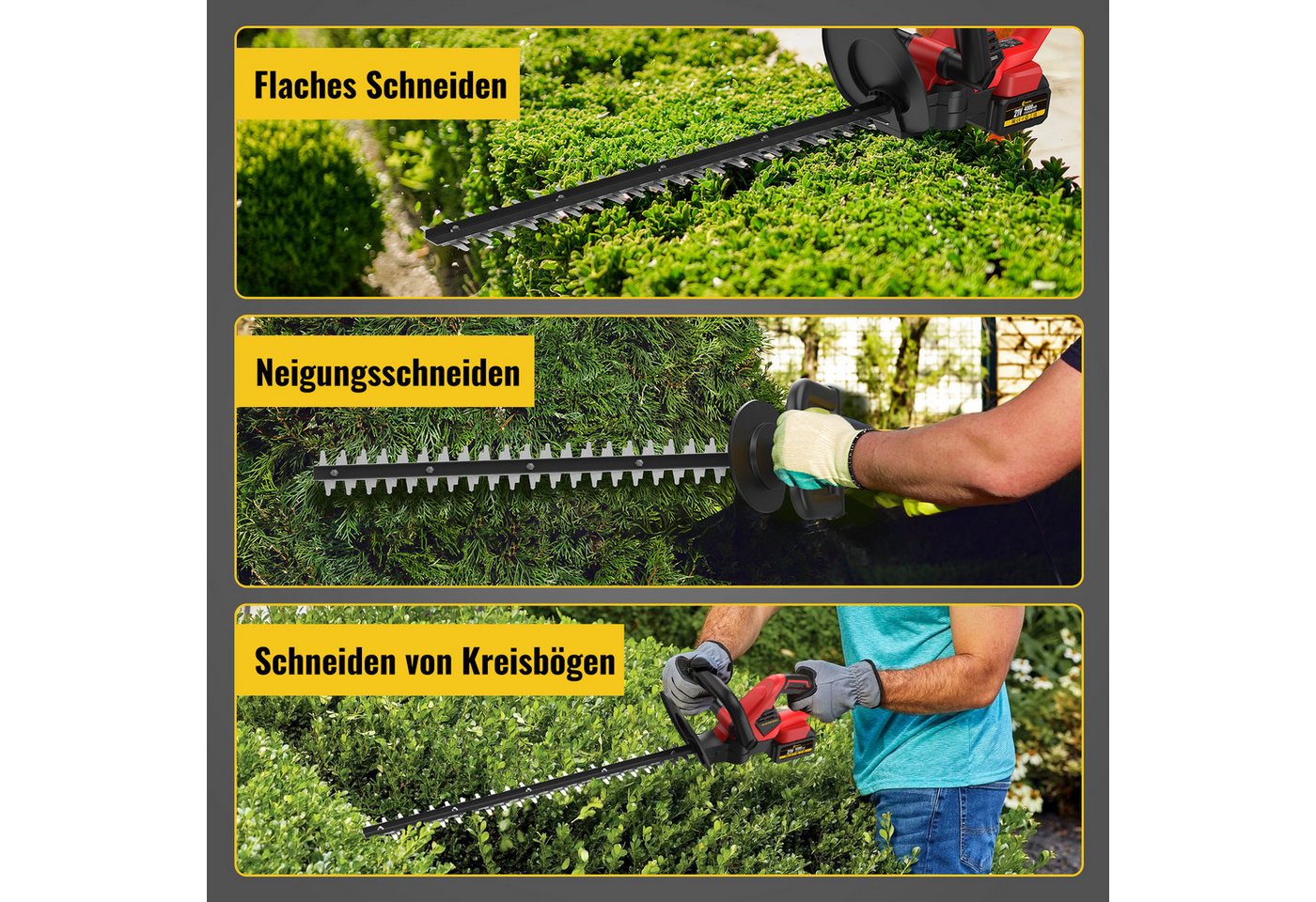 CONENTOOL Akku-Heckenschere 21V mit 2×4,0Ah Akku, 56cm Schnittlänge, (Set, 15mm Schnittstärke), 1000W Kupfermotor, Rostfreie Klinge, Elektrische Heckenschere – Bild 5 von 5