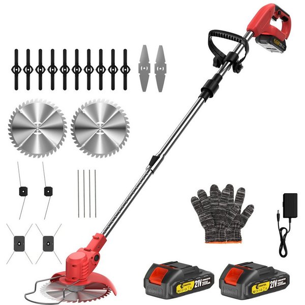 CONENTOOL Akku-Rasentrimmer 21V mit 4000mAh Akku, Verstellbarer Teleskopstiel, 15 cm Arbeitsbreite Messer, (Set, 4 Schneidwerkzeuge), Freischneider & Kantenschn