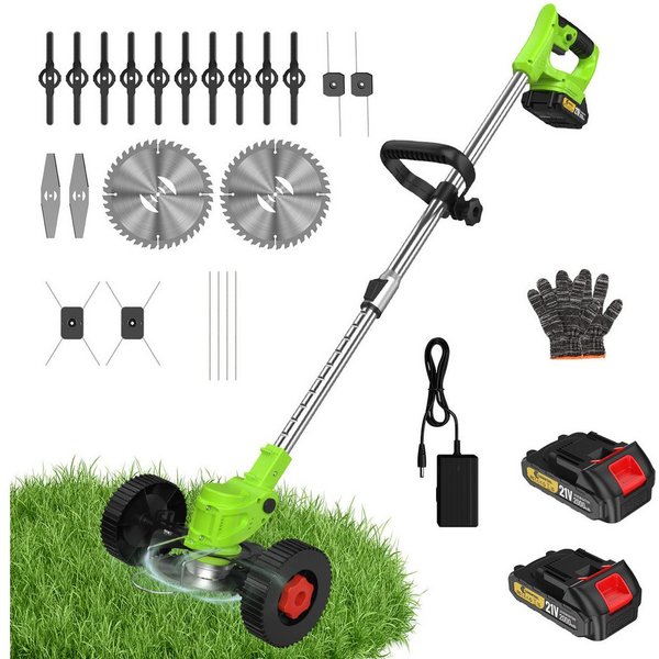CONENTOOL Akku-Rasentrimmer 2x 2000mAh Akkus 21V, Rädern, 15 cm Arbeitsbreite Messer, (mit Akku und Ladegeät), 4 Arten Klingen, Teleskop-Stiel