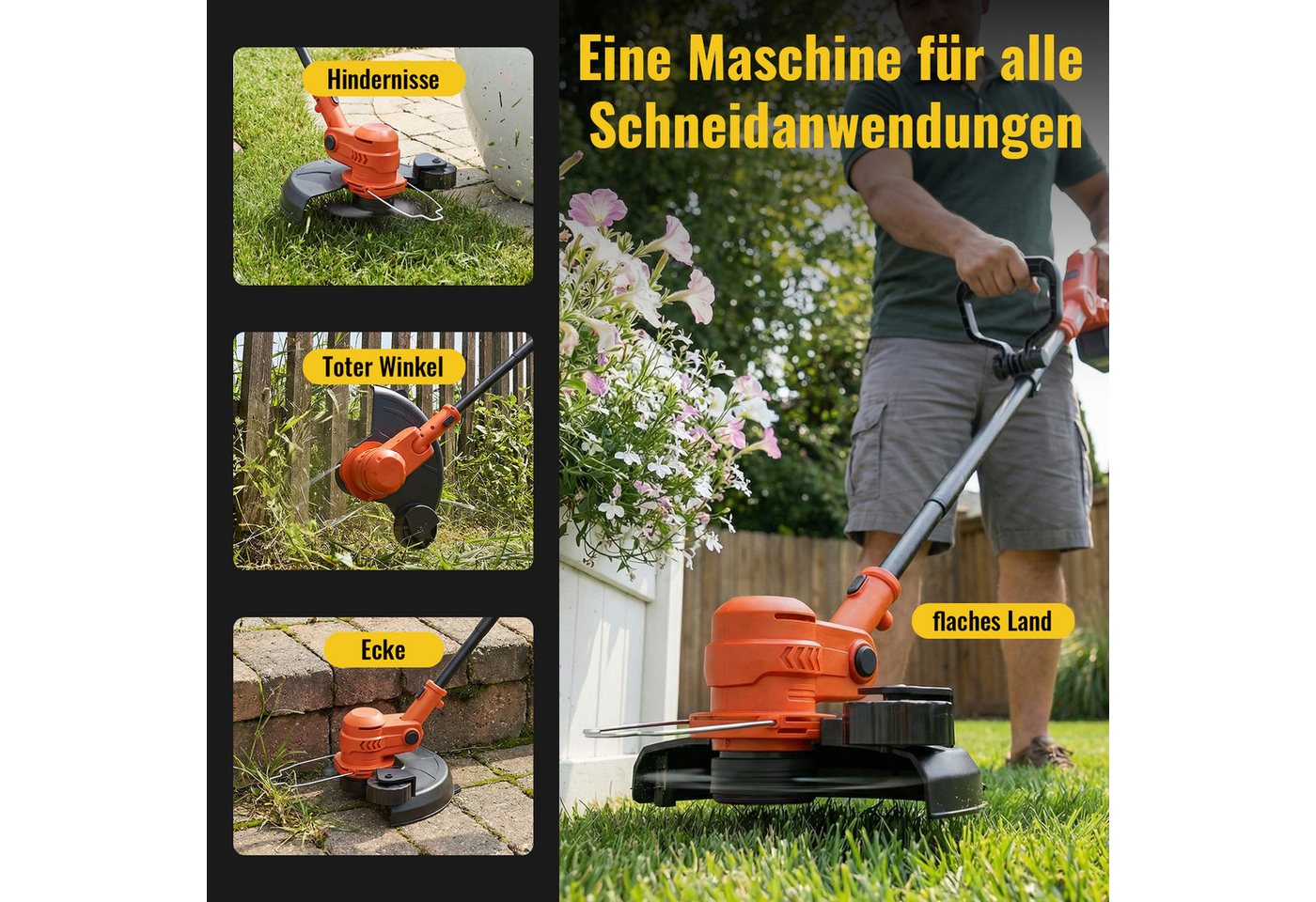 CONENTOOL Akku-Rasentrimmer 30cm Arbeitsbreite, 2-in-1 Kanten-Trimmfunktion, 21V 2×4,0Ah Akku, 30 cm Arbeitsbreite Faden, (inkl. 5 Fadenspulen), LED-Anzeige & H – Bild 2 von 5