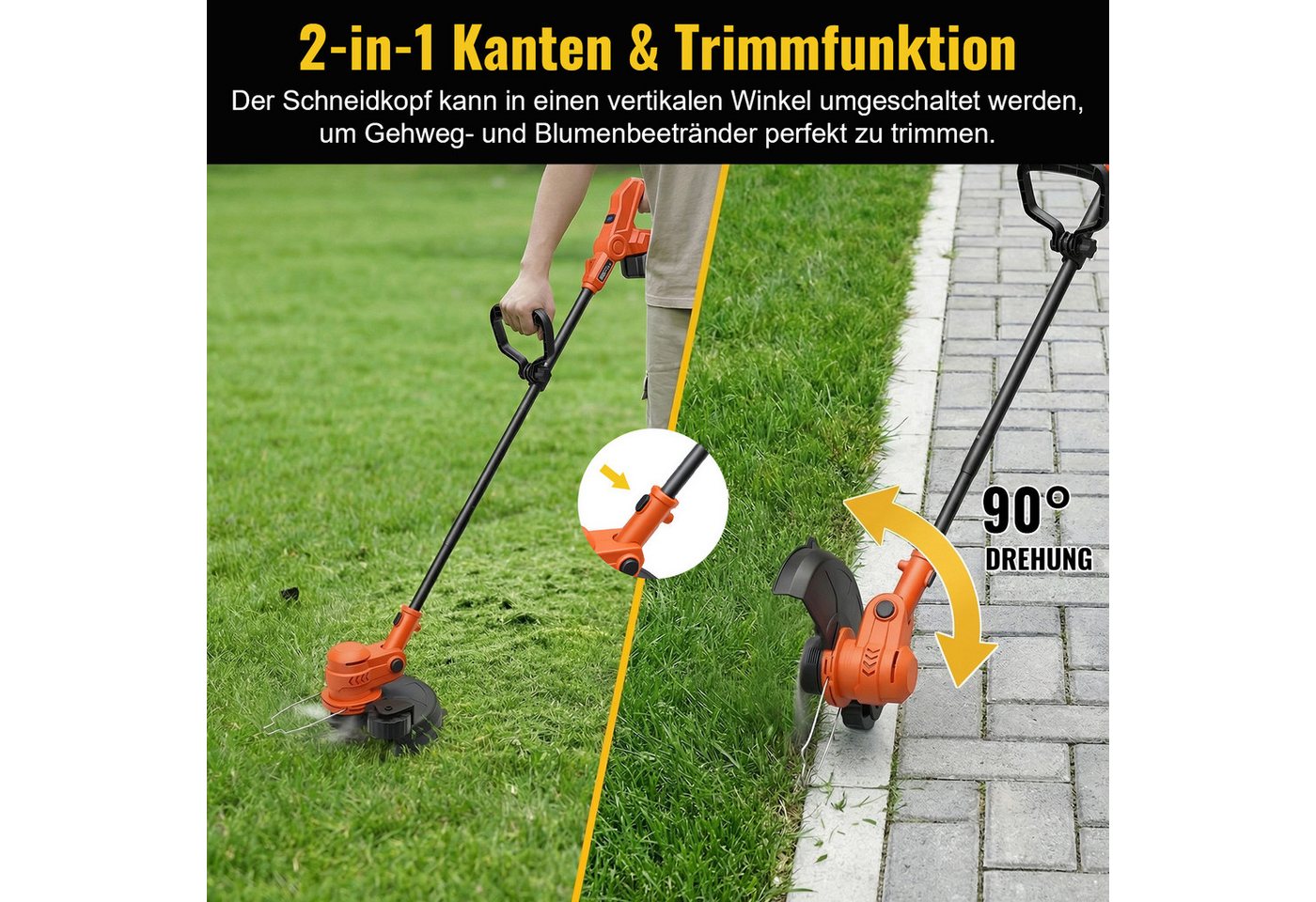 CONENTOOL Akku-Rasentrimmer 30cm Arbeitsbreite, 2-in-1 Kanten-Trimmfunktion, 21V 2×4,0Ah Akku, 30 cm Arbeitsbreite Faden, (inkl. 5 Fadenspulen), LED-Anzeige & H – Bild 3 von 5