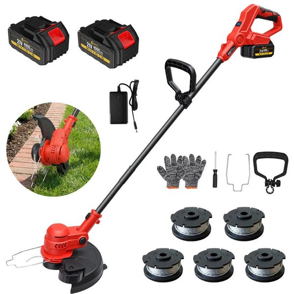 CONENTOOL Akku-Rasentrimmer 30cm Arbeitsbreite, 2-in-1 Kanten-Trimmfunktion, 21V 2×4,0Ah Akku, 30 cm Arbeitsbreite Faden, (inkl. 5 Fadenspulen), LED-Anzeige & H