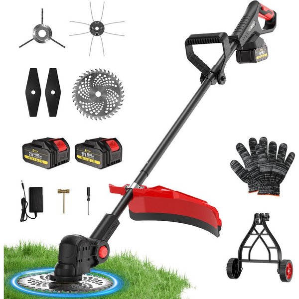 CONENTOOL Akku-Rasentrimmer Bürstenlos 1200W, 8000mAh Gesamtkapazität (2×4,0Ah), 25.5 cm Arbeitsbreite Messer, 23 cm Arbeitsbreite Faden, (Bürstenloser Motor, 2
