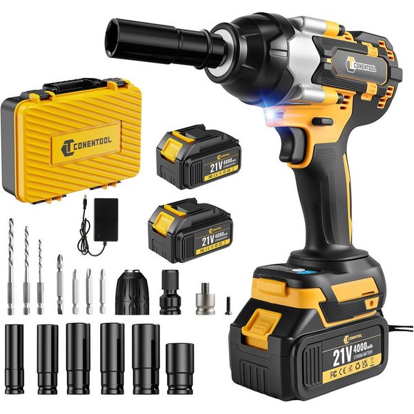 CONENTOOL Akku-Schlagschrauber 800Nm, 21V Bürstenlos, 1/2 Zoll Schlagschrauber, 4600 U/min, 800 Nm, (Set, 19-tlg), 3-Gang, 2×4Ah Akku, Koffer, für Auto & DIY