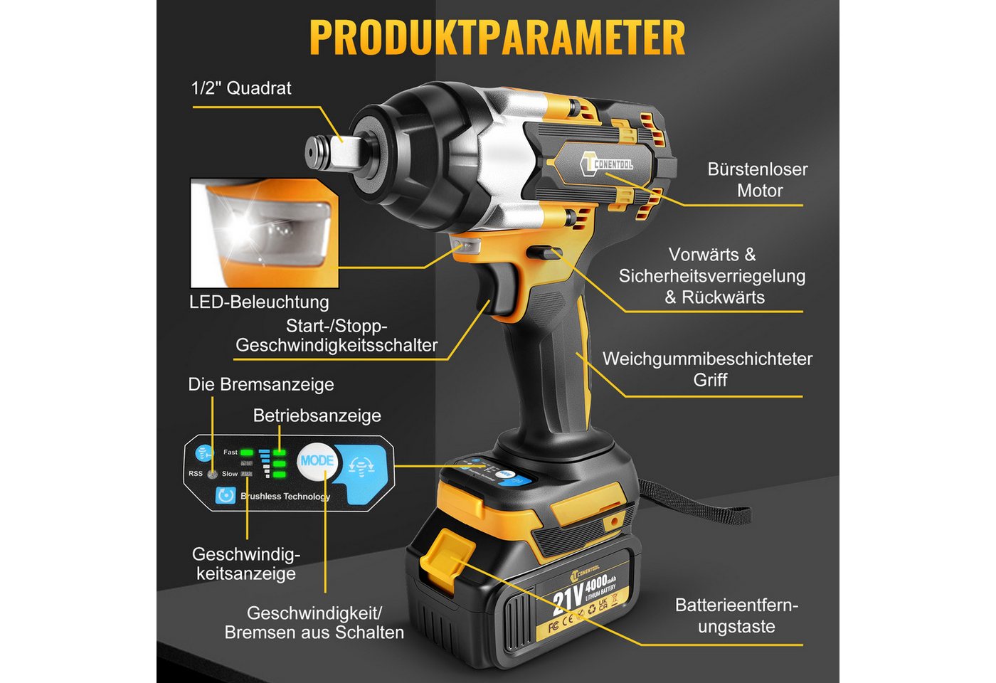 CONENTOOL Akku-Schlagschrauber 800Nm, 21V Bürstenlos, 1/2 Zoll Schlagschrauber, 4600 U/min, 800 Nm, (Set, 19-tlg), 3-Gang, 2×4Ah Akku, Koffer, für Auto & DIY – Bild 3 von 5