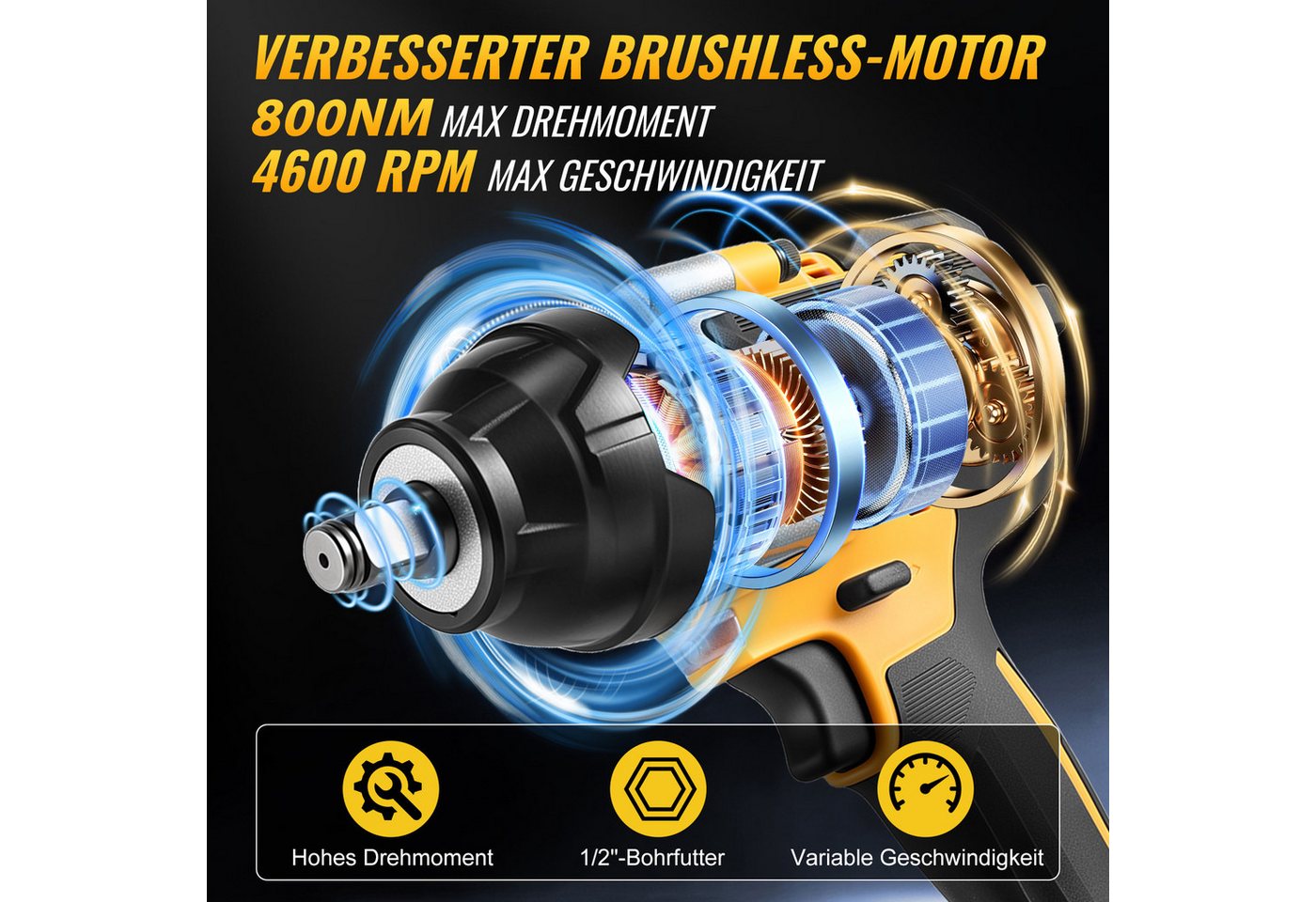 CONENTOOL Akku-Schlagschrauber 800Nm, 21V Bürstenlos, 1/2 Zoll Schlagschrauber, 4600 U/min, 800 Nm, (Set, 19-tlg), 3-Gang, 2×4Ah Akku, Koffer, für Auto & DIY – Bild 4 von 5