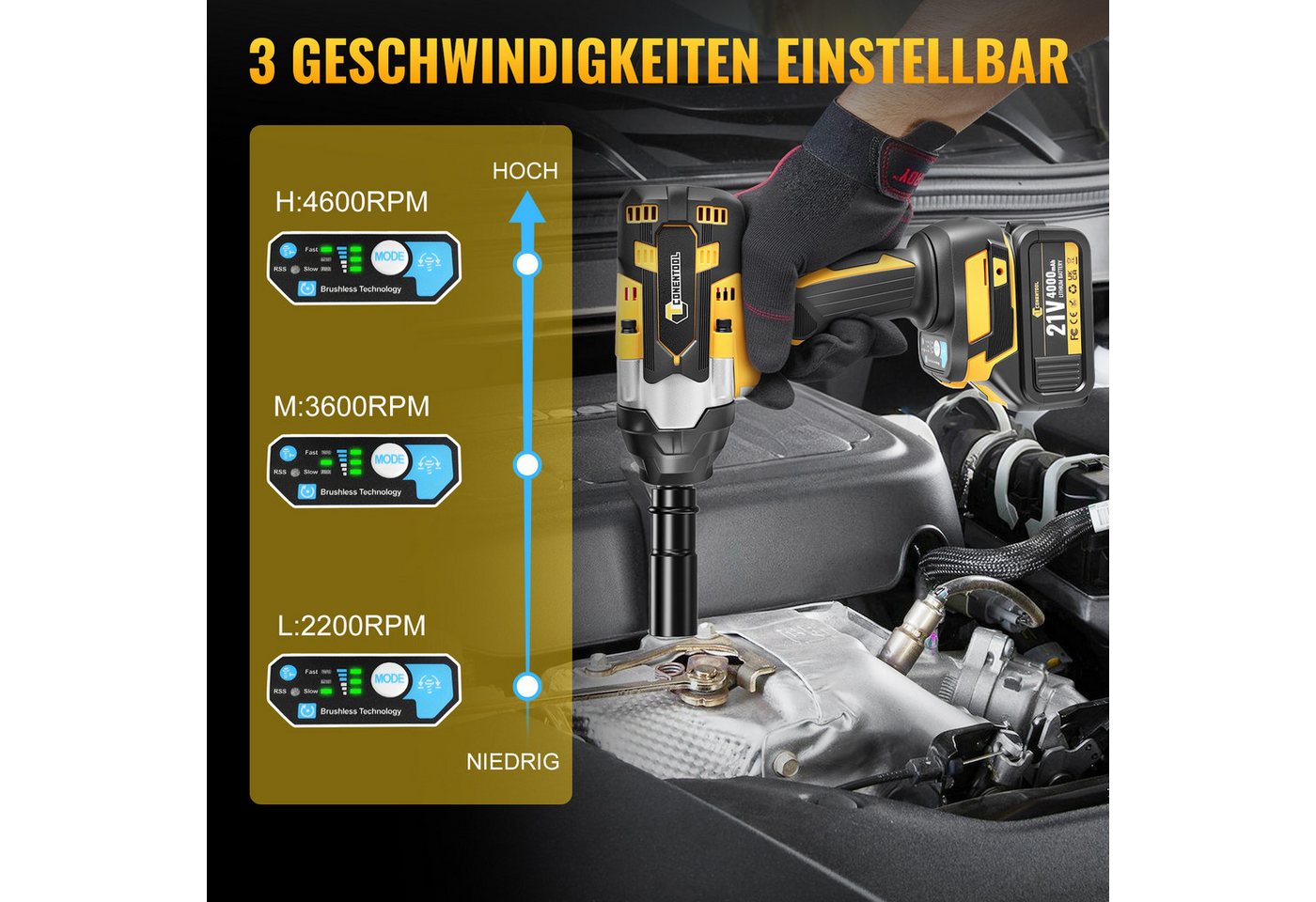 CONENTOOL Akku-Schlagschrauber 800Nm, 21V Bürstenlos, 1/2 Zoll Schlagschrauber, 4600 U/min, 800 Nm, (Set, 19-tlg), 3-Gang, 2×4Ah Akku, Koffer, für Auto & DIY – Bild 5 von 5