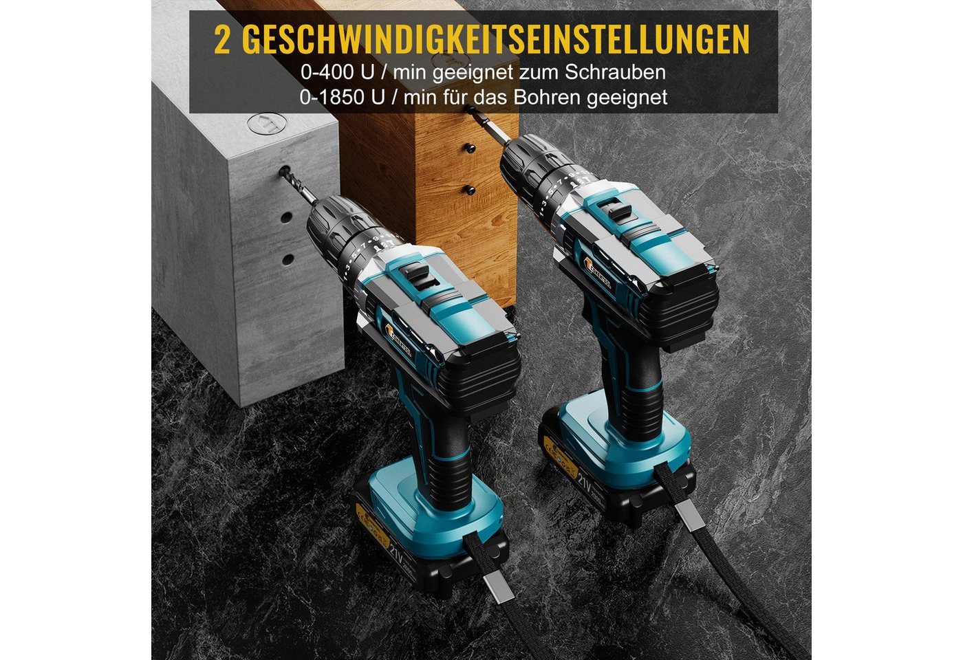 CONENTOOL Akku-Schrauber Akkuschrauber und Bohrschrauber, 1850 U/min, 45 Nm, (Set, 21V), mit 2 x 2000mAh Akkus & 30-tlg. Zubehörset Akku-Schlagbohrschrauber – Bild 3 von 5