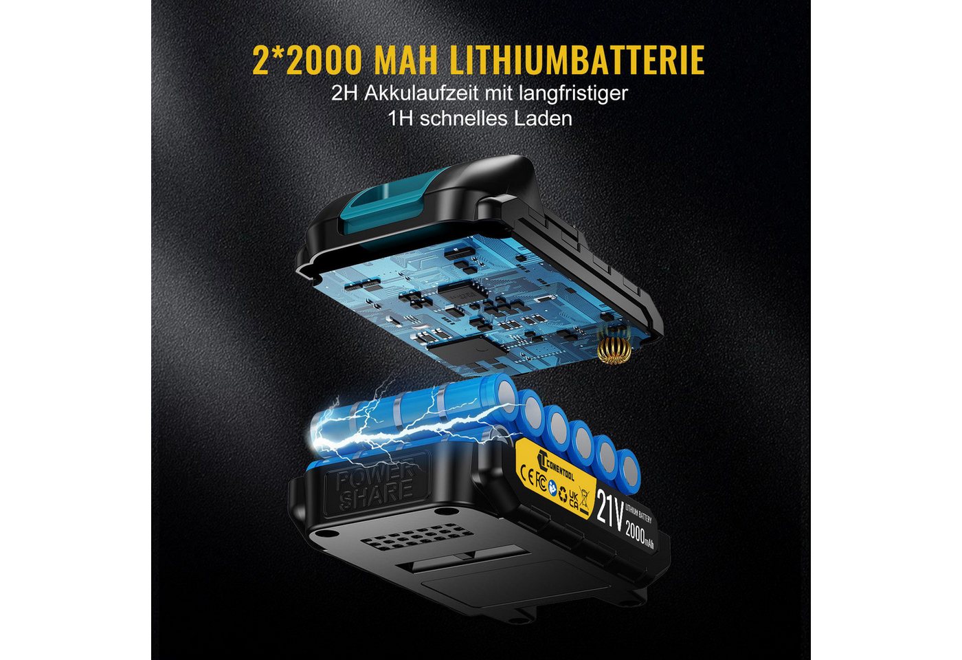 CONENTOOL Akku-Schrauber Akkuschrauber und Bohrschrauber, 1850 U/min, 45 Nm, (Set, 21V), mit 2 x 2000mAh Akkus & 30-tlg. Zubehörset Akku-Schlagbohrschrauber – Bild 4 von 5