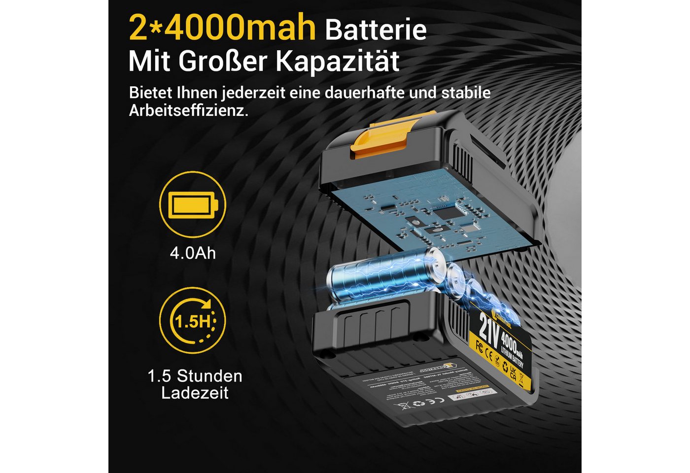 CONENTOOL Akku-Winkelschleifer 21V Winkelschleifer bürstenloser Motor, max. 11000 U/min, (6 tlg), inkl. 2×4,0Ah Akku und Ladegerät – Bild 3 von 5