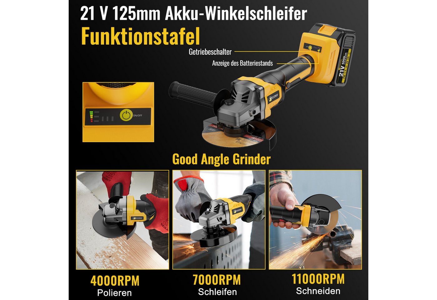 CONENTOOL Akku-Winkelschleifer 21V Winkelschleifer bürstenloser Motor, max. 11000 U/min, (6 tlg), inkl. 2×4,0Ah Akku und Ladegerät – Bild 4 von 5
