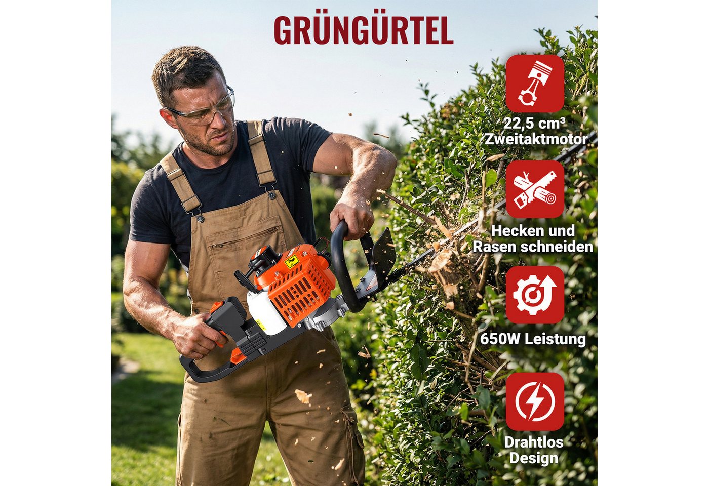 CONENTOOL Benzin-Heckenschere 60 cm Schnittlänge, 22,5 ccm, SK5-Stahl, Vibrationsdämpfung, für Hecken & Sträucher – Bild 3 von 5
