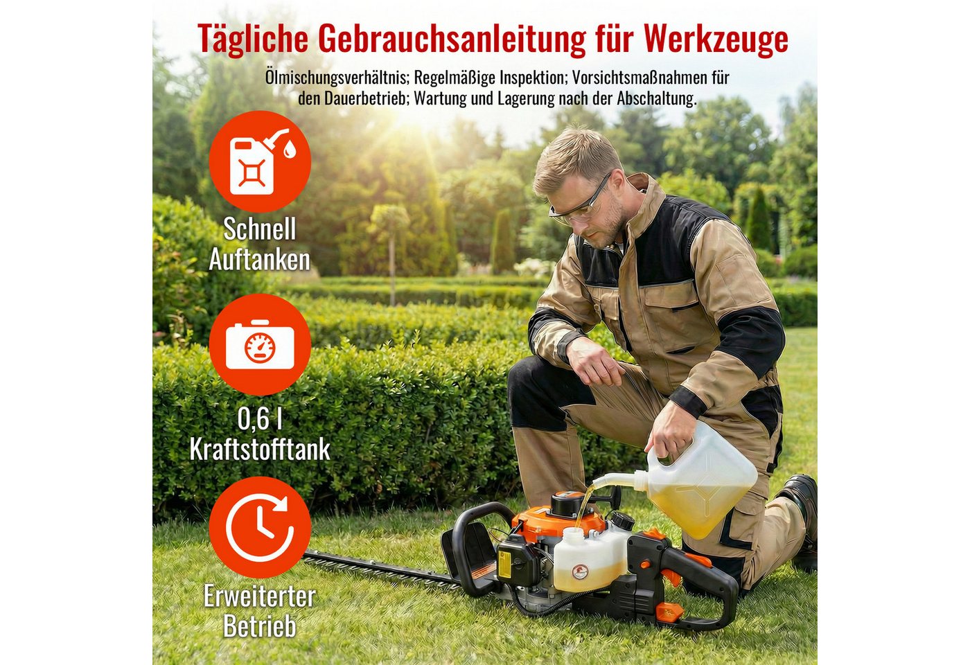 CONENTOOL Benzin-Heckenschere 60 cm Schnittlänge, 22,5 ccm, SK5-Stahl, Vibrationsdämpfung, für Hecken & Sträucher – Bild 5 von 5