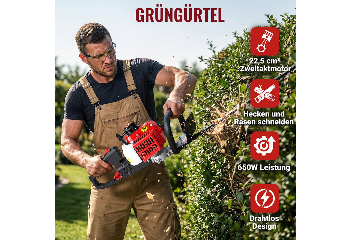 CONENTOOL Benzin-Heckenschere 60 cm Schnittlänge, 22,5 ccm, SK5-Stahl, Vibrationsdämpfung, für Hecken & Sträucher – Bild 2 von 5