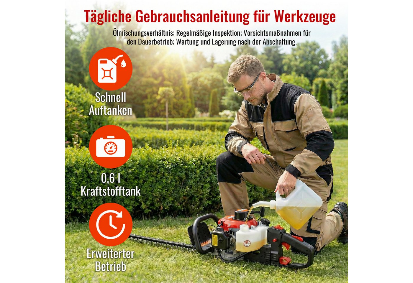 CONENTOOL Benzin-Heckenschere 60 cm Schnittlänge, 22,5 ccm, SK5-Stahl, Vibrationsdämpfung, für Hecken & Sträucher – Bild 5 von 5