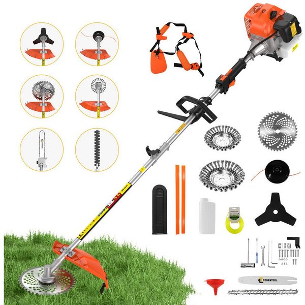 CONENTOOL Benzin-Motorsense 52ccm, 2,5kW Benzin Rasentrimmer, 25.5 cm Arbeitsbreite Messer, 43 cm Arbeitsbreite Faden, 7-in-1 Multifunktions, Rasenmäher, Hecken