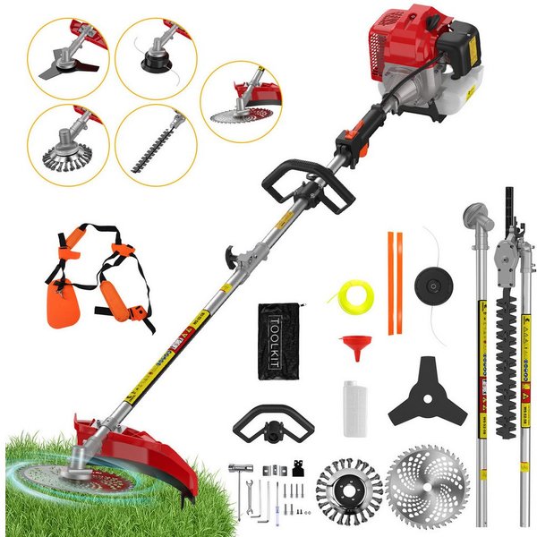 CONENTOOL Benzin-Motorsense 52ccm, 2,5kW Benzin Rasentrimmer, 25.5 cm Arbeitsbreite Messer, 43 cm Arbeitsbreite Faden, mit Schultergurt, Multifunktions-Heckensc
