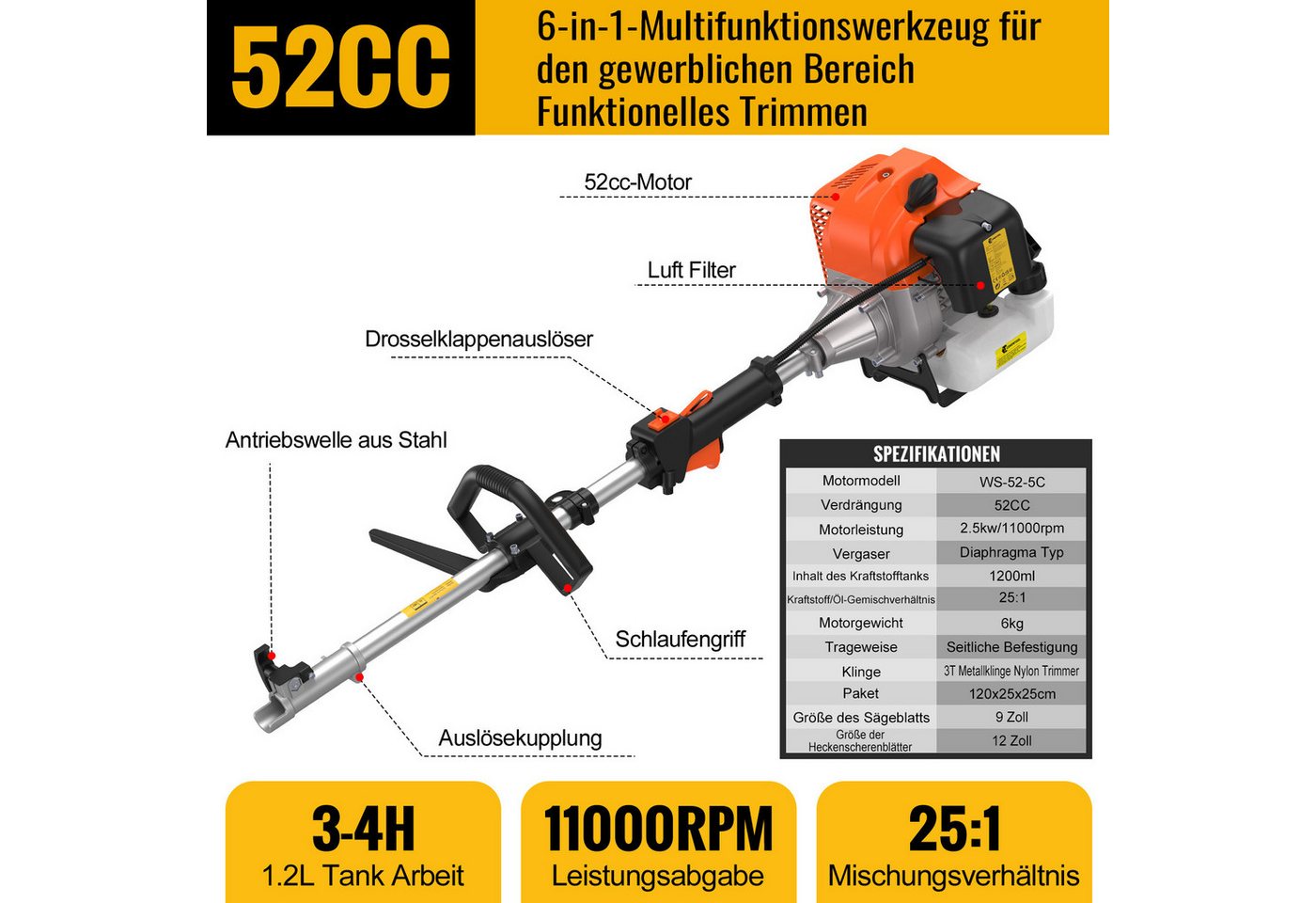 CONENTOOL Benzin-Motorsense 52ccm, 2,5kW Benzin Rasentrimmer, 25.5 cm Arbeitsbreite Messer, 43 cm Arbeitsbreite Faden, 6-in-1 Multifunktions, Rasenmäher, Hecken – Bild 3 von 5