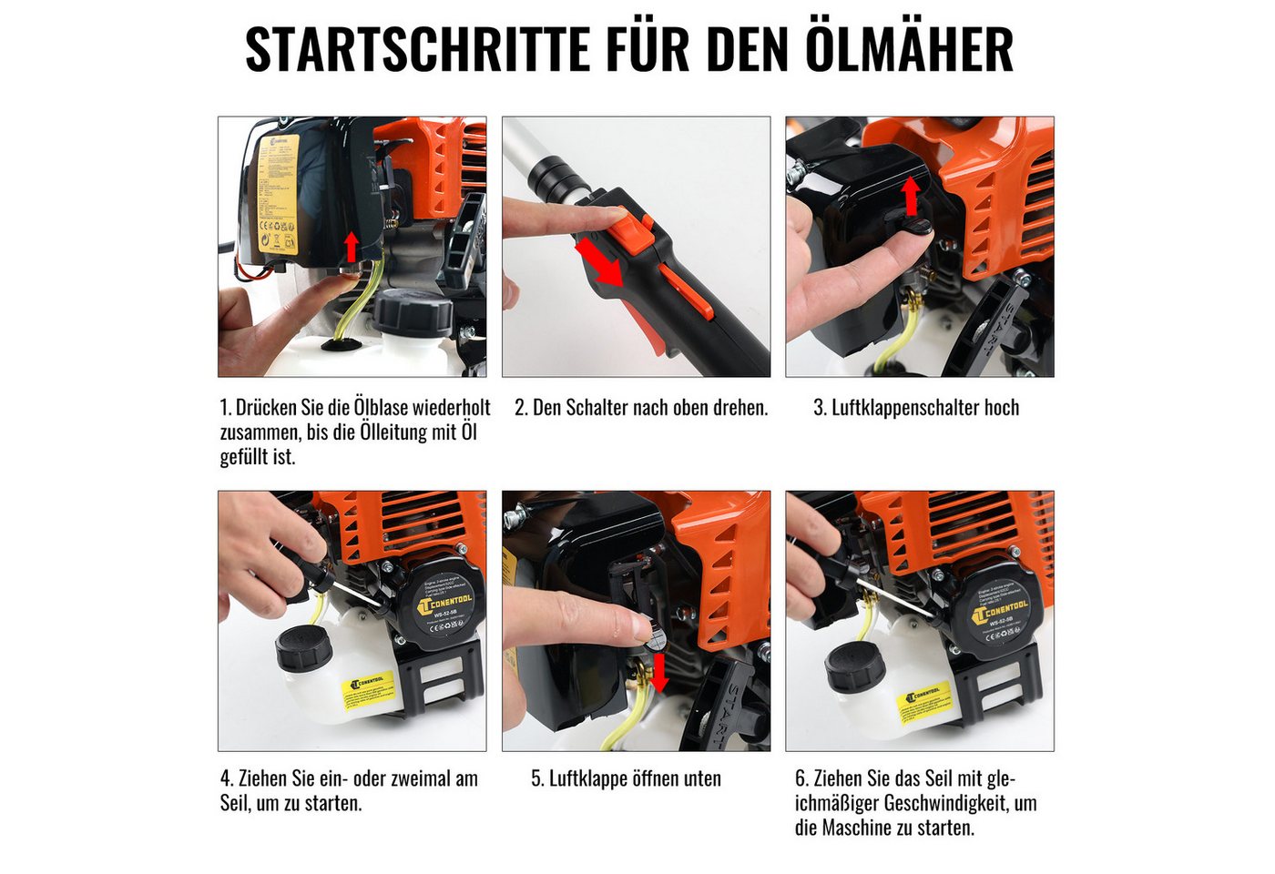 CONENTOOL Benzin-Motorsense 52ccm, 2,5kW Benzin Rasentrimmer, 25.5 cm Arbeitsbreite Messer, 43 cm Arbeitsbreite Faden, 6-in-1 Multifunktions, Rasenmäher, Hecken – Bild 4 von 5