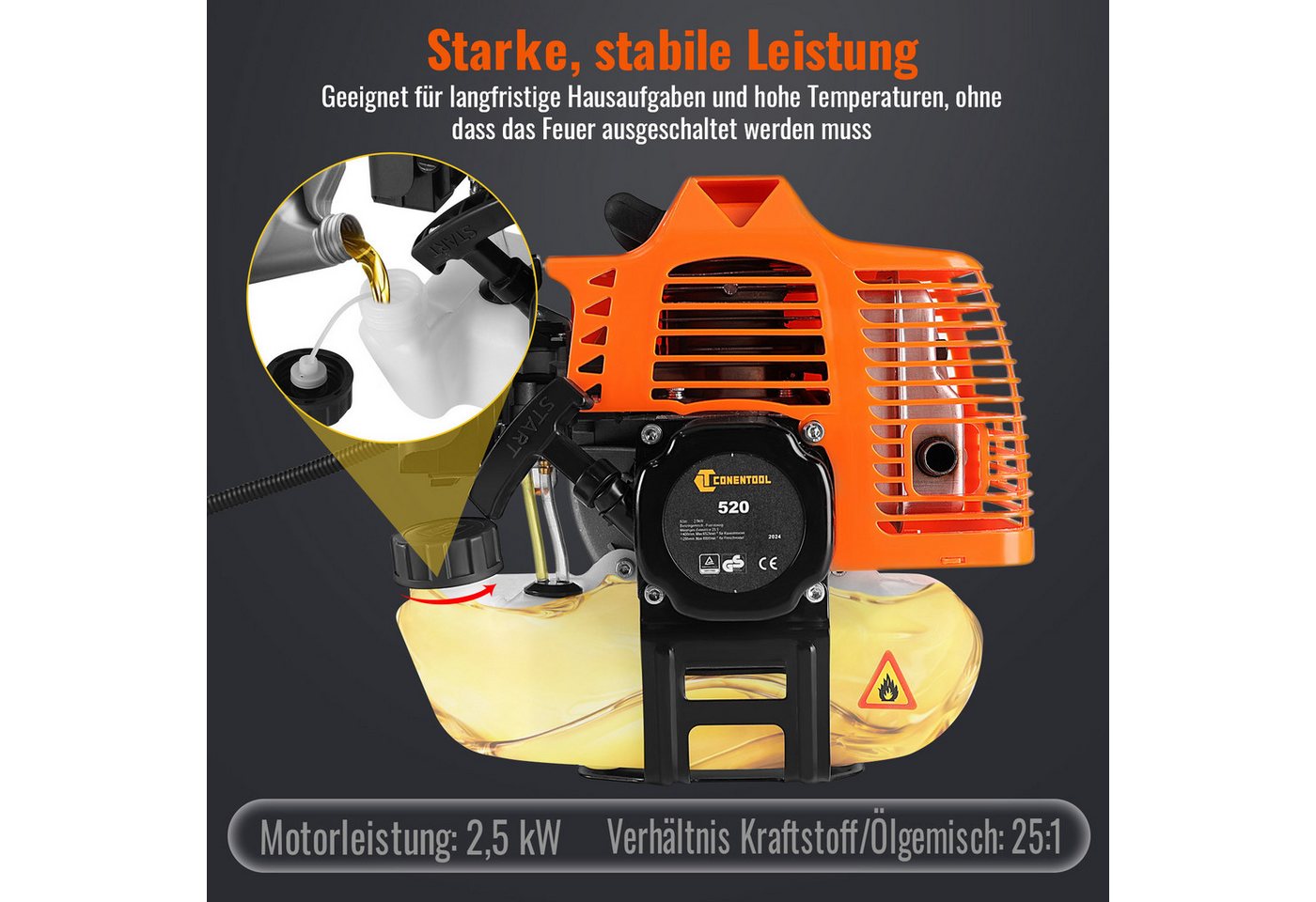 CONENTOOL Benzin-Motorsense Multifunktions Rasentrimmer mit austauschbaren Aufsätzen, 25.5 cm Arbeitsbreite Messer, 35 cm Arbeitsbreite Faden, 3-in-1 Rasentrimm – Bild 4 von 5