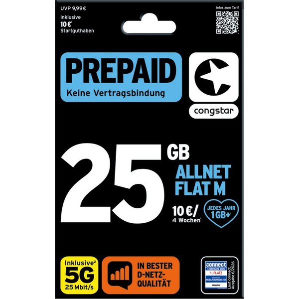 Congstar Prepaid ALLNET M, SIM-Karte ohne Vertrag, 5G mit 25 Mbit/s Prepaidkarte, (EU-Roaming inkl. CH, 10 € Startguthaben)