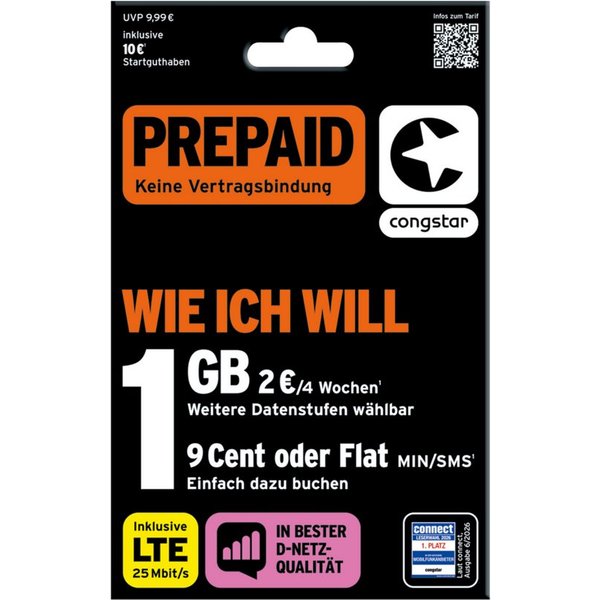 Congstar Prepaid wie ich will, SIM-Karte ohne Vertrag, LTE mit 25 Mbit/s Prepaidkarte, (Telefonie & SMS Flat, EU-Roaming inkl)