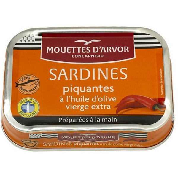 Conserverie Gonidec Fischkonserve Les Mouettes d'Arvor Sardinen „Piquantes“ mit Chili, 115g, 115 g, Abtropfgewicht 87g
