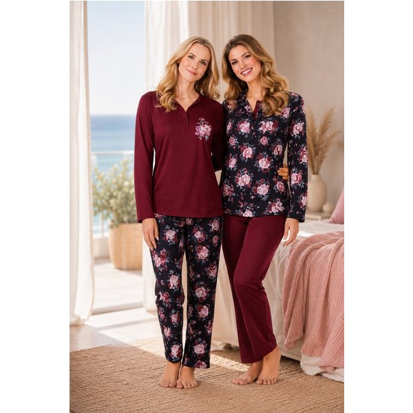 Consult-Tex Pyjama Damen 2er Pack Langarm Pyjama Schlafanzug mit Knopfleiste,Baumwolle (Spar-Set, 2 Stück) aus reiner Baumwolle-Jerse Qualität