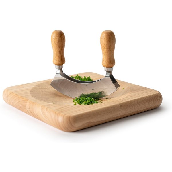 Continenta Schneidebrett Wiegemesserbrett inkl. Messer, Massivholz, (Set, 2-St., Brett & Wiegemesser), Gummibaumholz, 22,5x22,5x2,8 cm