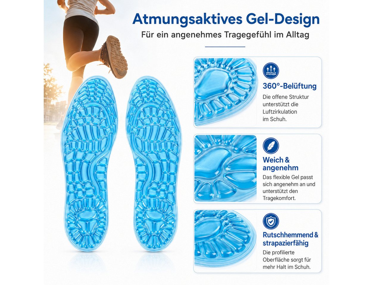 COOL-i ® Einlegesohlen Gel-Einlegesohlen,Silikon-Schuheinlagen mit Fußgewölbestütze, zuschneidbar,Stoßdämpfend, atmungsaktiv & waschbar – Bild 5 von 5