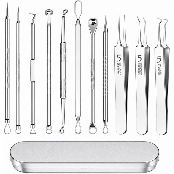 COOL-i ® Mitesserentferner 11 teiliges Mitesserentferner Set aus Edelstahl mit Etui, Komedonen Werkzeuge für kosmetische Pflege