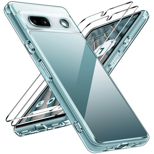 CoolGadget Handyhülle Transparent als 2in1 Schutz Cover Set für das Google Pixel 7a 6,1 Zoll, 2x 9H Glas Display Schutz Folie + 1x TPU Case Hülle für Pixel 7a