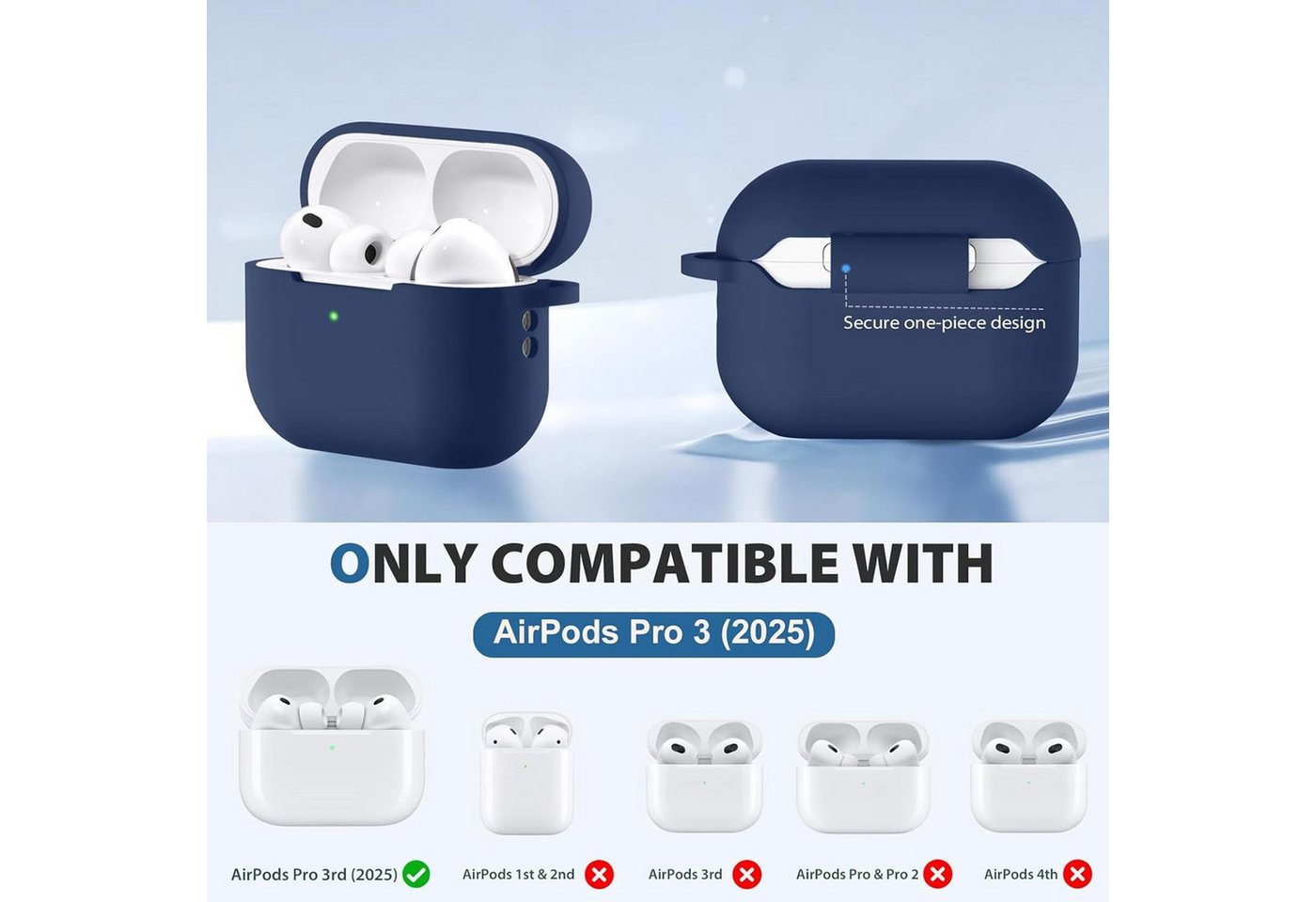 CoolGadget Kopfhörer-Schutzhülle Basic Silikon Hülle für AirPods Pro 3 Schutzhülle mit Karabiner, Soft Touch Case, stoßfest, rutschfest, 360° Schutz, kabellos l – Bild 3 von 5