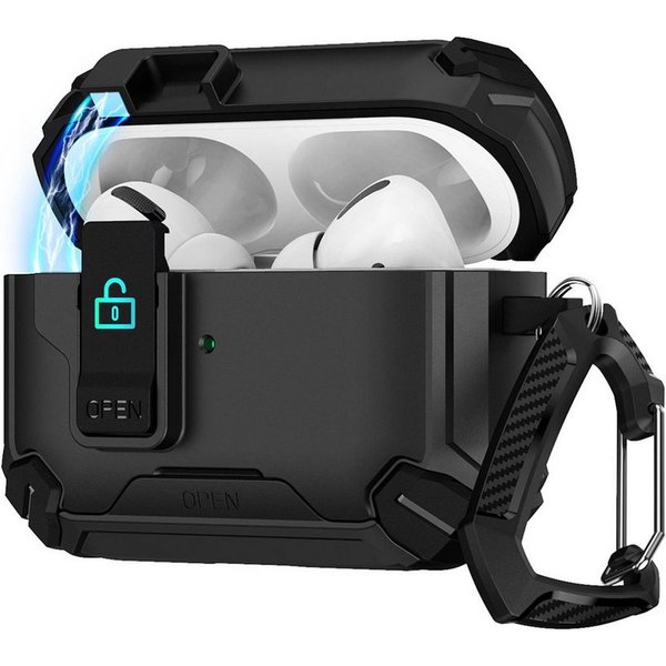 CoolGadget Kopfhörer-Schutzhülle Defender Hülle für AirPods Pro 1 / Pro 2 magnetisch mit Karabiner, 360° Full-Body Case Schutzhülle Handy Standfunktion magnetis