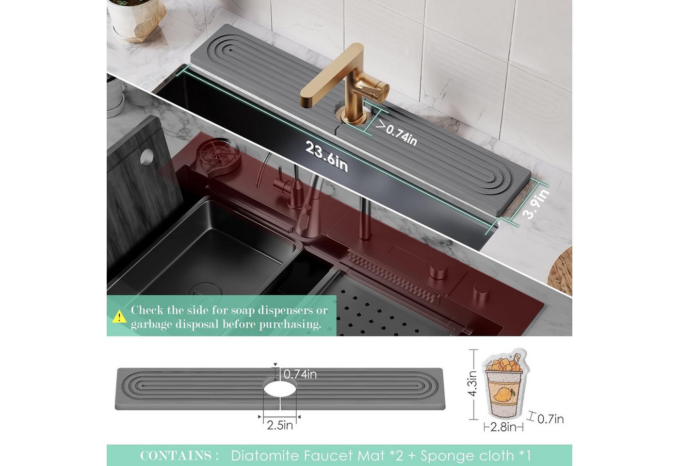 Coonoor Abtropfmatte Spüle,Wasserhahn Spritzschutz Pfannen Saugfähige Matte – Bild 3 von 5