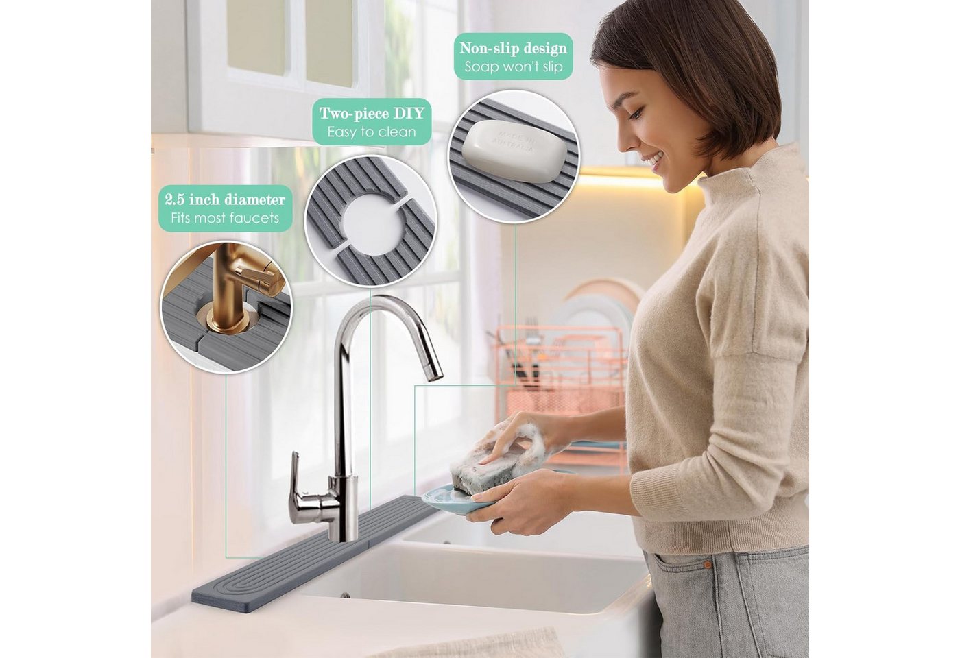 Coonoor Abtropfmatte Spüle,Wasserhahn Spritzschutz Pfannen Saugfähige Matte – Bild 4 von 5