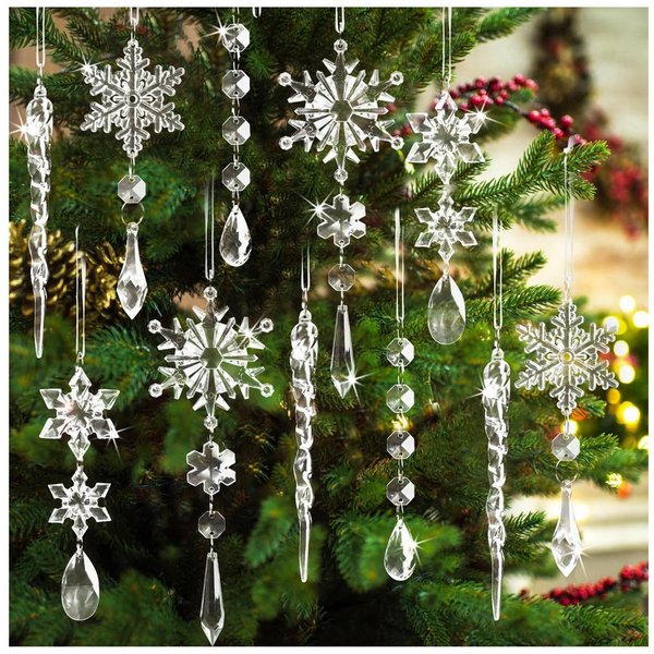 Coonoor Christbaumschmuck Acryl Schneeflocken Eiszapfen Tropfen Hängedekoration (18-tlg), Ornamente für Weihnachtsbaum Winterfest und Party Deko