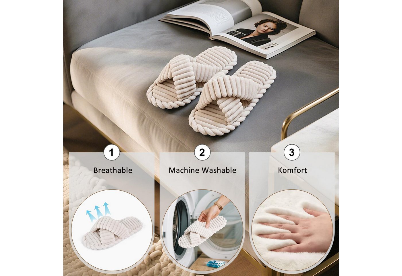 Coonoor Damen Hausschuhe Wohnschuhe, offener Zehen, Querriemen-Schleife Plüsch Hausschuhe rutschfeste Sohle. Bequeme Trend-Slide als stylisches Geschenk – Bild 4 von 5